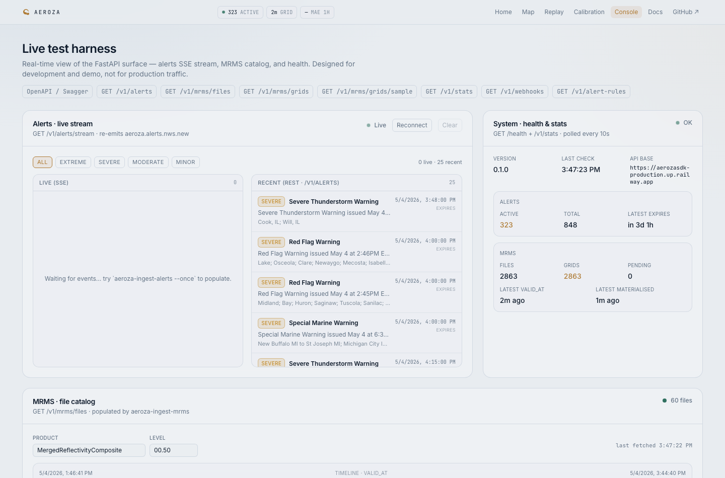 Aeroza developer console showing live alerts, system health, stats, and MRMS file catalog panels.