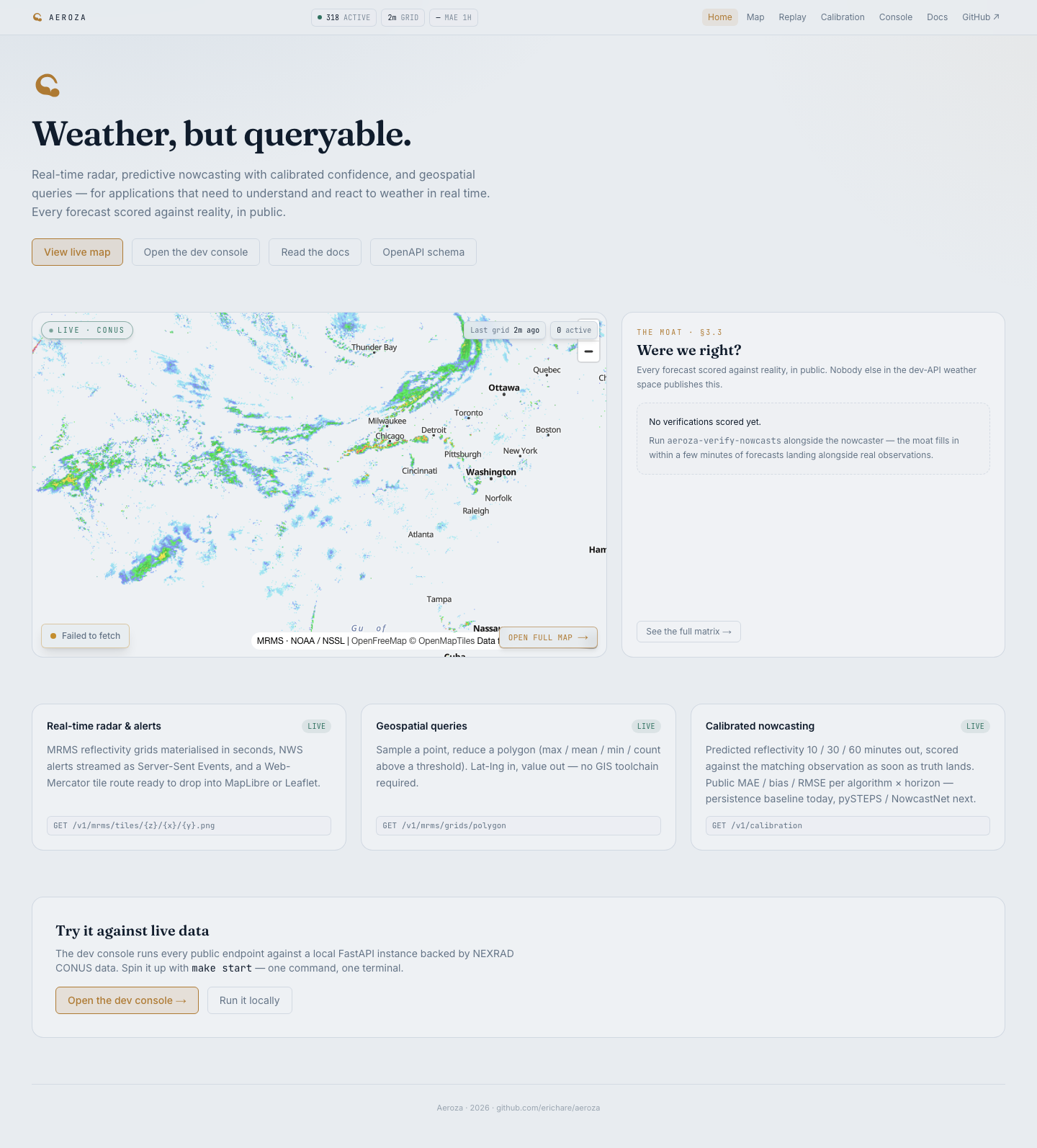 Aeroza landing page with a live radar preview and feature cards.