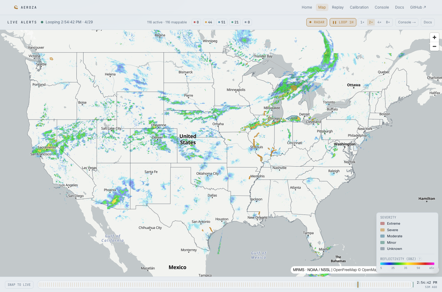 Aeroza live map showing MRMS reflectivity over the United States with warning overlays and a timeline.