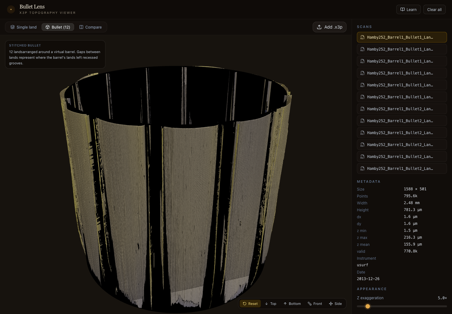 Bullet Lens stitched bullet mode showing twelve land scans wrapped around a virtual bullet.