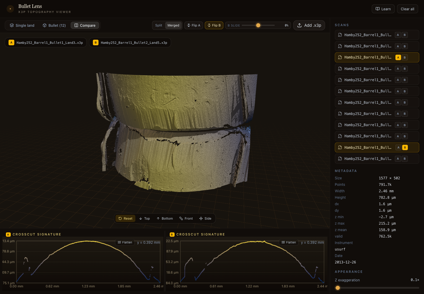 Bullet Lens compare mode showing two Hamby 252 land scans merged along a seam with crosscut plots below.