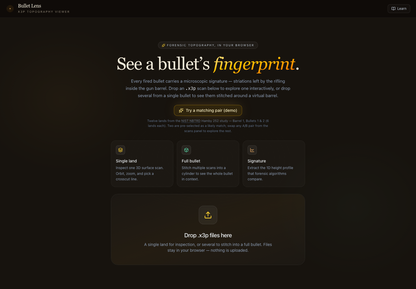 Bullet Lens welcome screen showing the app introduction and .x3p drop zone.