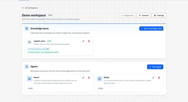 AI Workbench workspace with knowledge bases and agents.