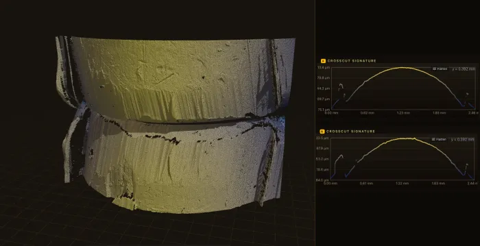 Two three-dimensional bullet surface scans with aligned crosscut signatures.