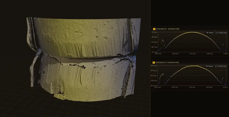 Two three-dimensional bullet surface scans with aligned crosscut signatures.